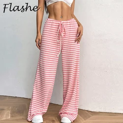 Spring Autumn Loose Pants Woman High Waist Drawstring Striped Printed Wide Leg Pant Women Casual Trousers Homewear