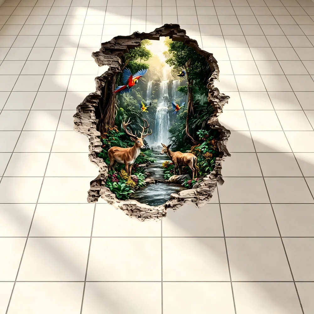 Animal World Floor Stickers, Realistic Illustrations of Nature, Shattered Effects, Animal Floor Decoration Stickers