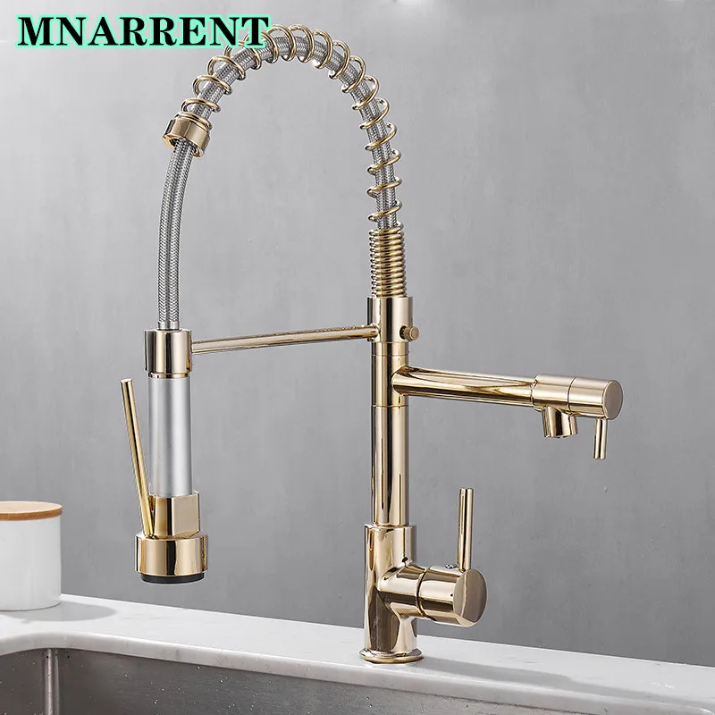 

Gold Spring Kitchen Mixer Tap Quality Brass 3 Ways Hot Cold Kitchen Mixer Faucets Single Handle Golden Kitchen Spring Faucet