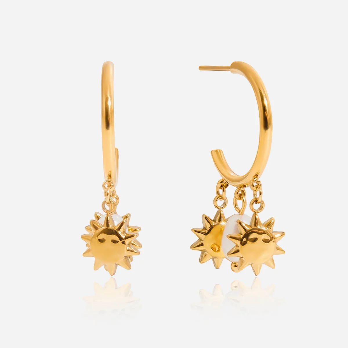 

women's Stainless Steel Gold Earrings Sun Pearl Triple Pendant Boho Beach Jewelry for Ocean Glimmer & Coconut Grove Cocktail