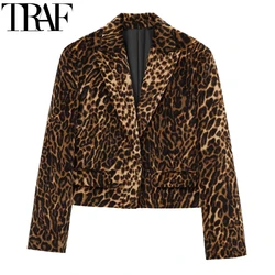 Traf blazer feminino leopardo recortado blazers vintage outono animal impressão cabido jaqueta de veludo manga longa blazer casual