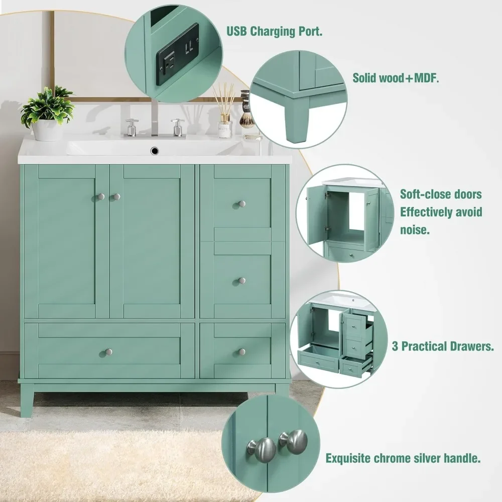 36" moderno con carga USB, dos puertas y tres cajones, pequeño mueble de baño con lavabo individual, verde