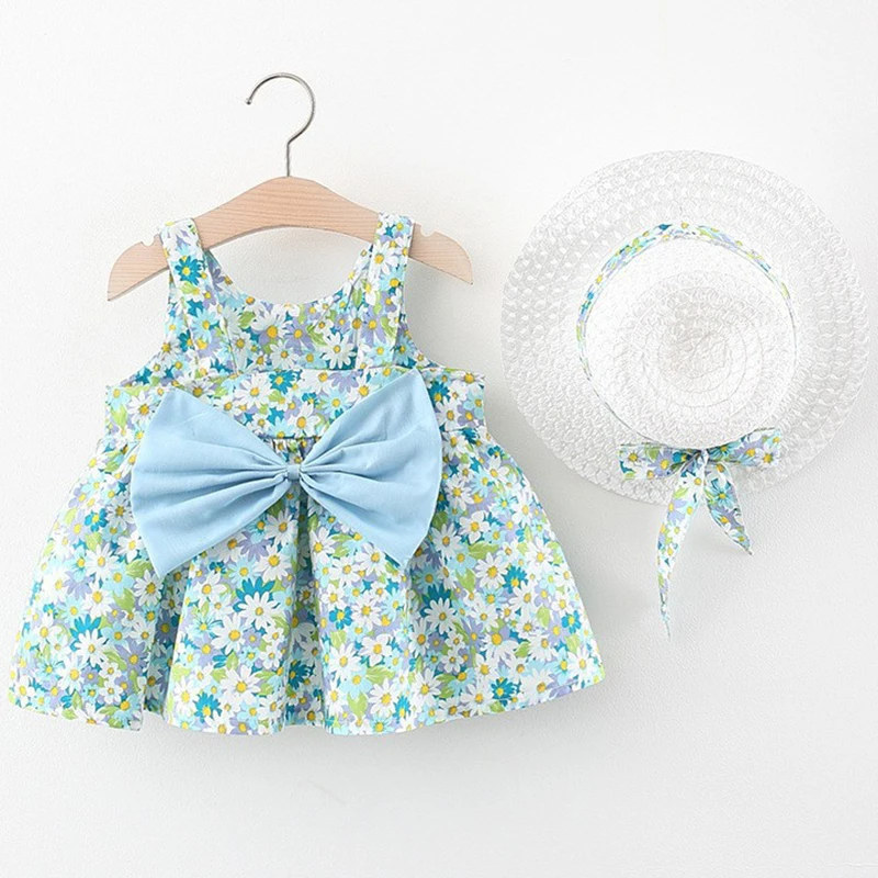 

New In Summer Girl Dress Korean Cute Big Bow Flowers Sleeveless Cotton Kids Dresses+Sunhat Baby Clothing Newborn Clothes BC459
