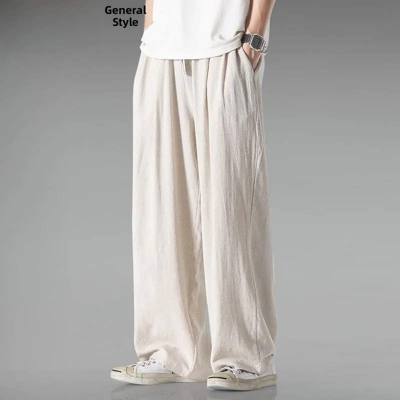 Summer Large Size Linen Cotton Wide Leg Pants Men's Comfortable Loose Casual Pants Breathable Versatile Long Trousers