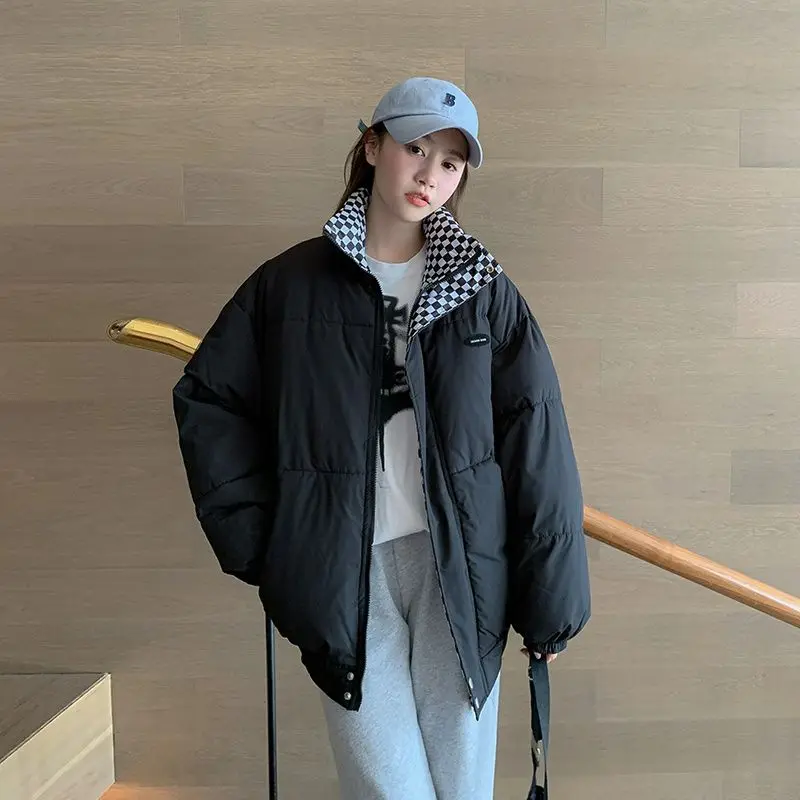 

Зимняя хлопковая куртка женская свободного кроя с воротником-стойкой, в клетку, модная, для повседневной носки, с длинными рукавами, стандартный крой