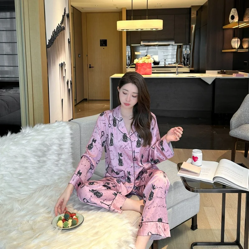 

Spring Summer Female Pajamas Set Rayon Sleepwear Print Flower Long Sleeve Trouser Suits Loose Casual Home Clothes