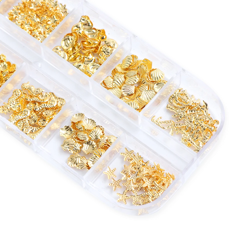 Gold Nail art Legierung Studs Meer 3D Dekorationen Meer Shell Stern Federn Charme Metall Rahmen Nieten Nagel Pailletten Zubehör BE25-2