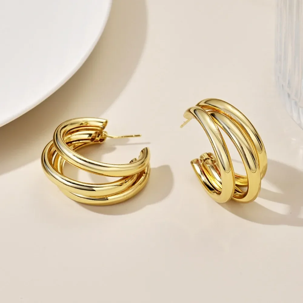 Simple Personality Bright Surface Metal Geometric C-shaped Multi-layer Stud Earrings for Women Korea Fashion Jewelry Accessories