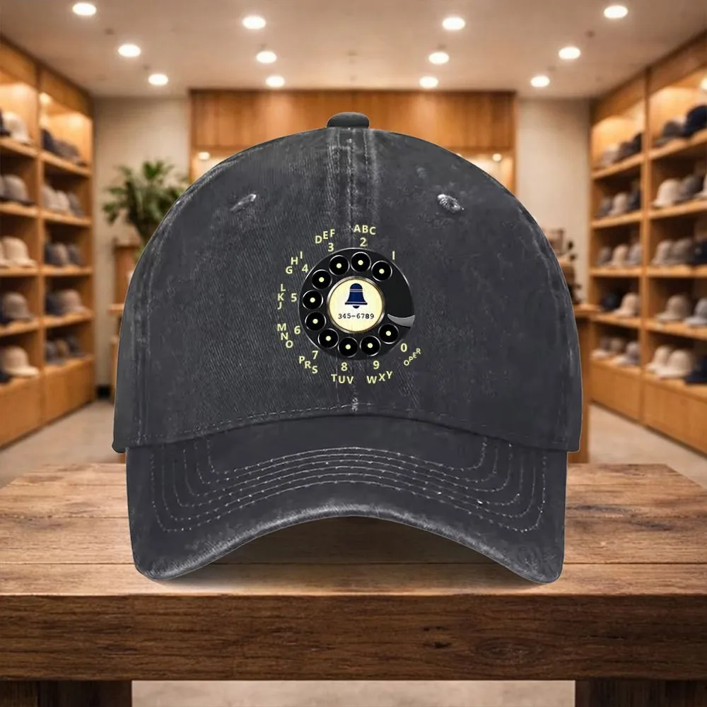 Retro Rotary Dial Phone Print Baseball Cap Washed Denim Adjustable Casual Sports Hat