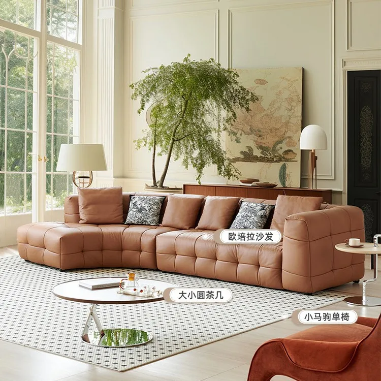 Italian retro first-layer cowhide sofa, large flat-layer curved sofa