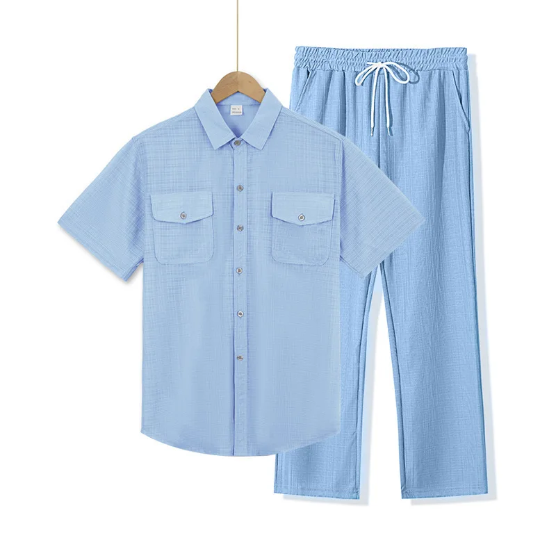 

Мужской летний повседневный костюм 2026: имитация конопляной ткани, рубашка с бамбуковым воротником, шорты, брюки