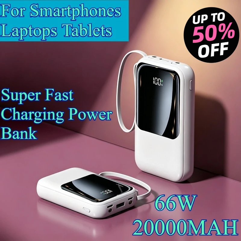 66W Super Fast Charging Power Bank 20000mAh Built‑in Cables Mobile Power Supply for Smartphones Laptops Tablets