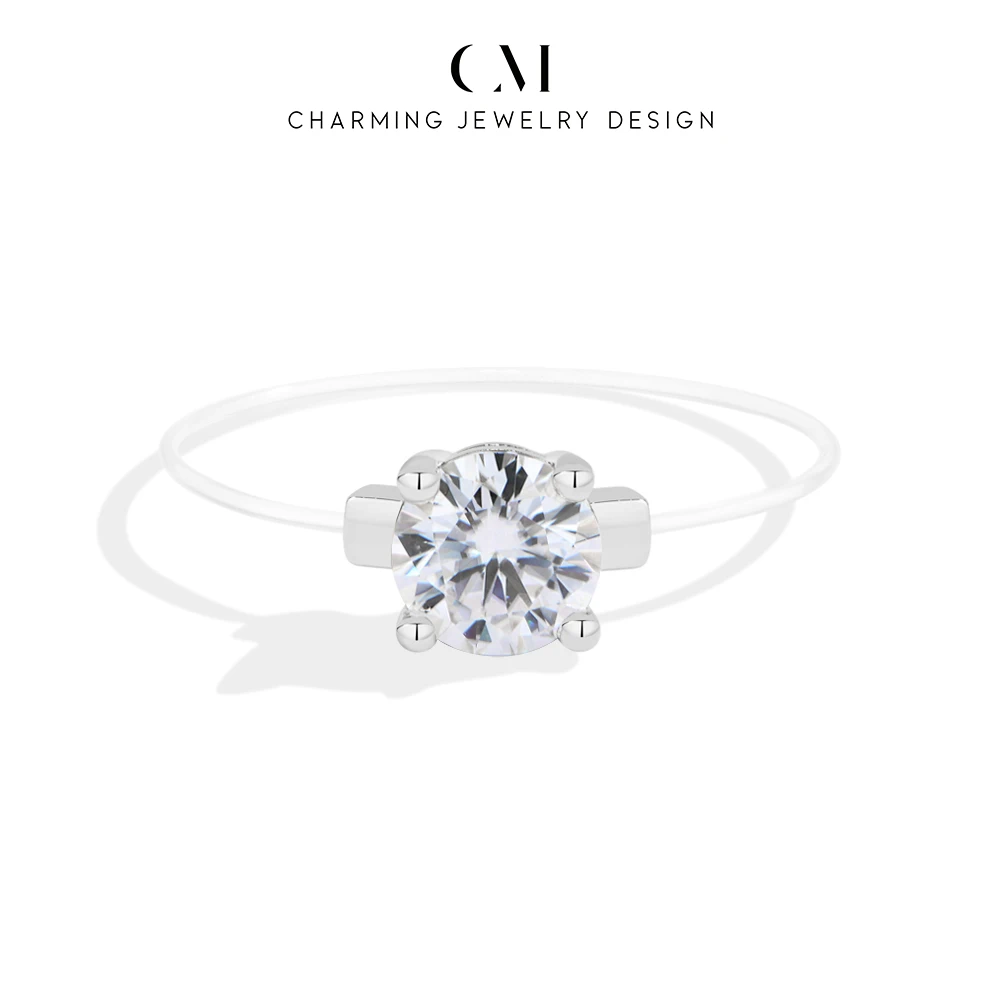 CHARMING Trendy Fishing line Round Moissanite Ring S925 Silver for Women party Fine Jewelry Birthday Gift Anniversary Engagement