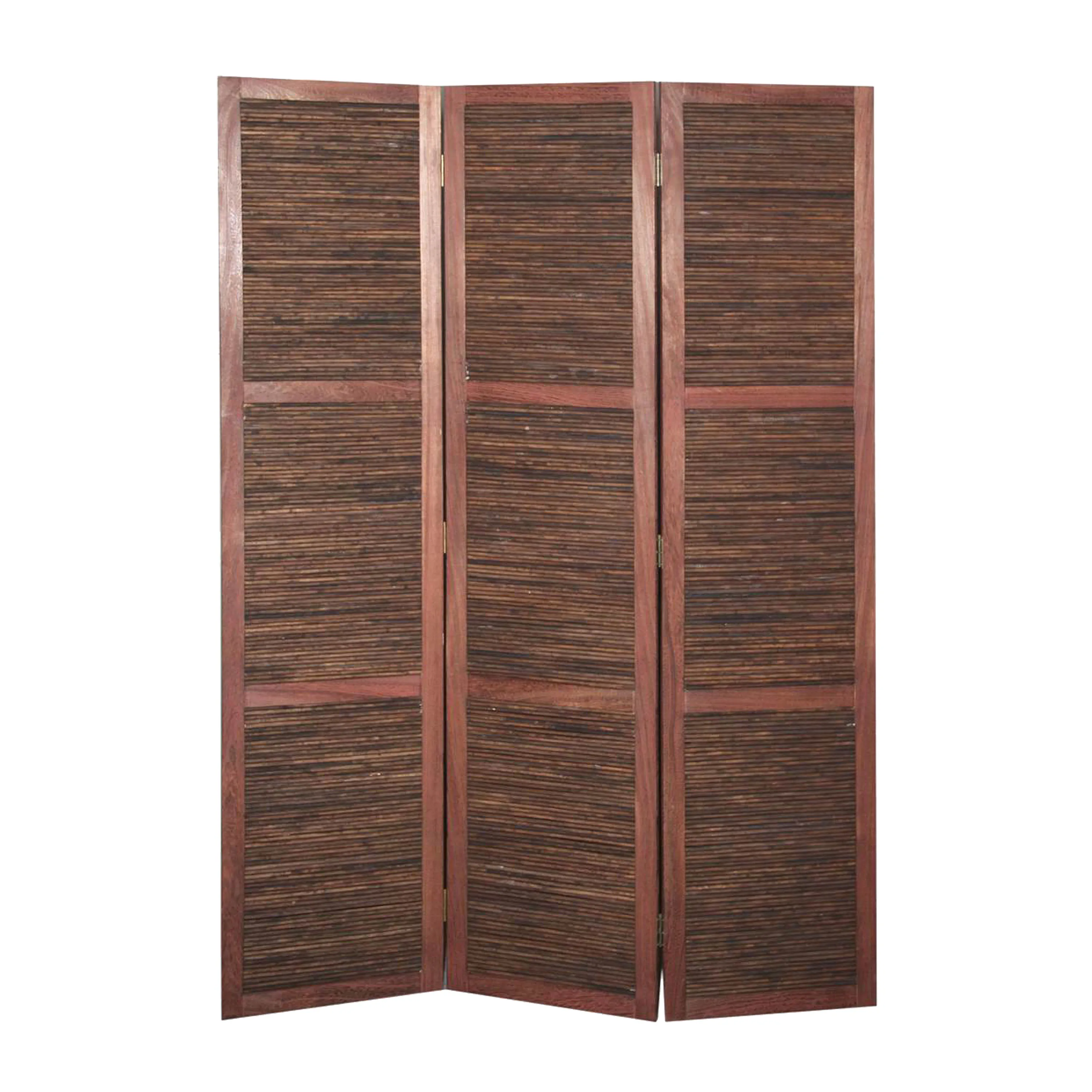 Wooden 3 Panel Room Divider with Horizontal Bamboo Stripes, Dark Brown