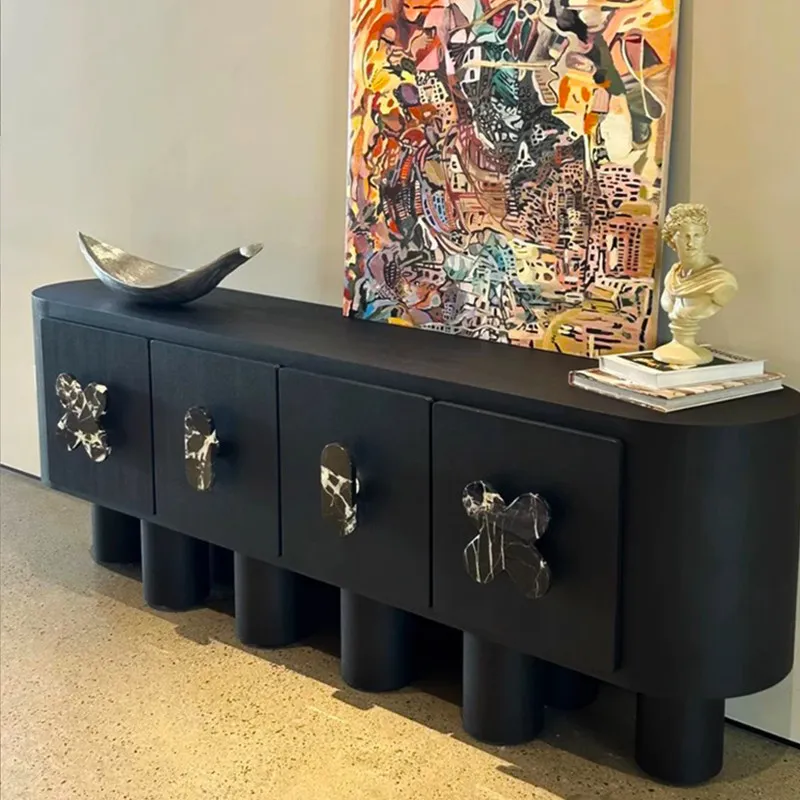 

Тумба-шкаф для телевизора из массива дерева для гостиной/столовой, пристенная, со встроенным хранилищем, французский стиль, черная.