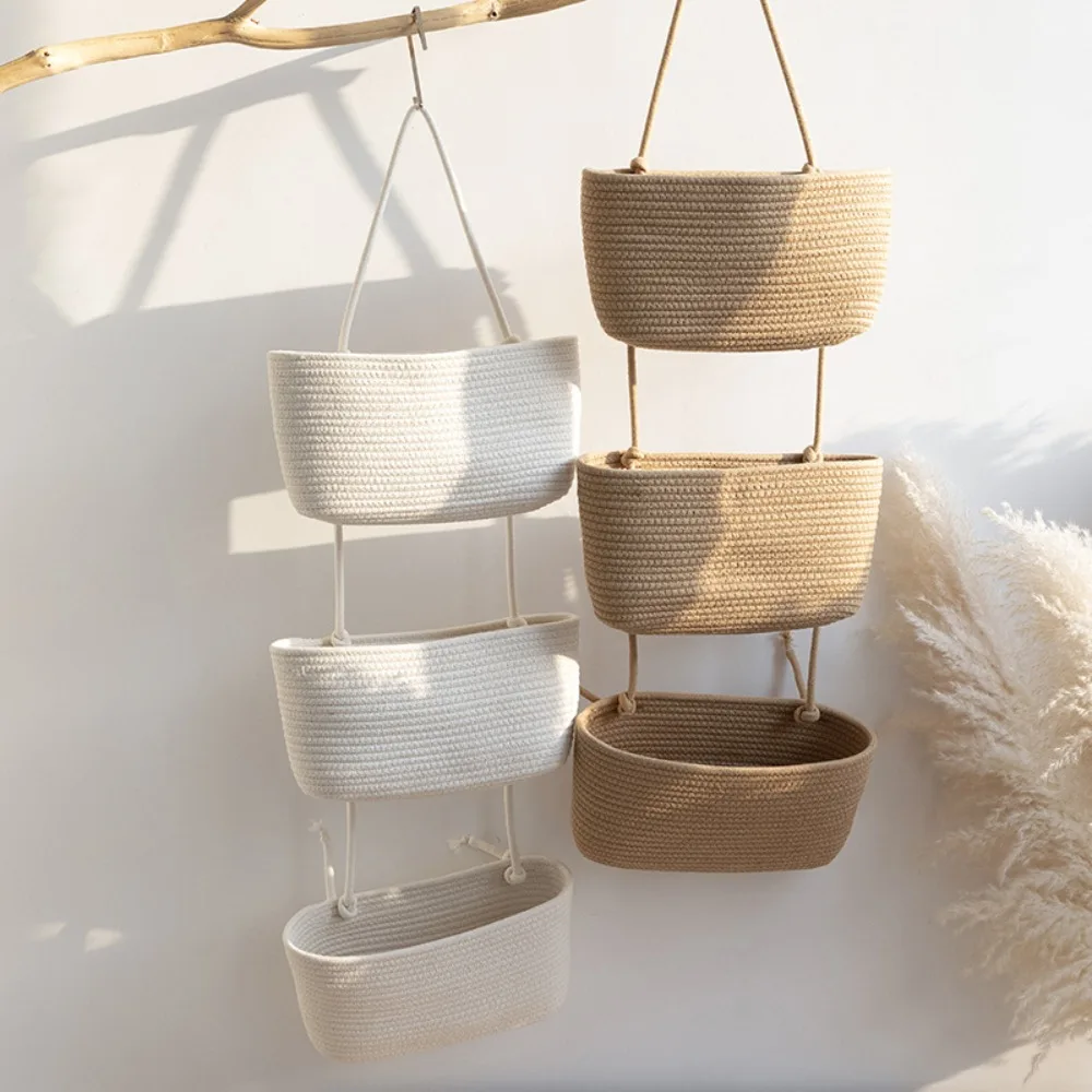 3-layer Wall Hanging Storage Basket Multipurpose No-punch Door Storage Pouch Handwoven Hanging Storage Pouches JJ2168AS