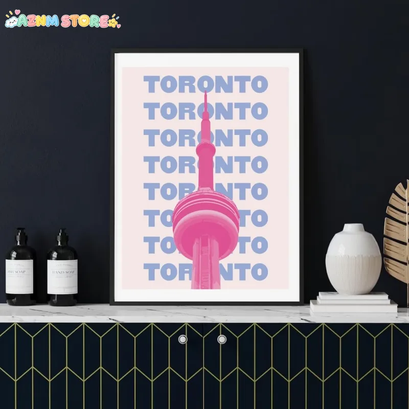 2027,1pc Toronto Skyline Poster - Minimalist Canadian Cityscape Wall Art in Pink & Blue, CN Tower, Unframed Canvas Print for