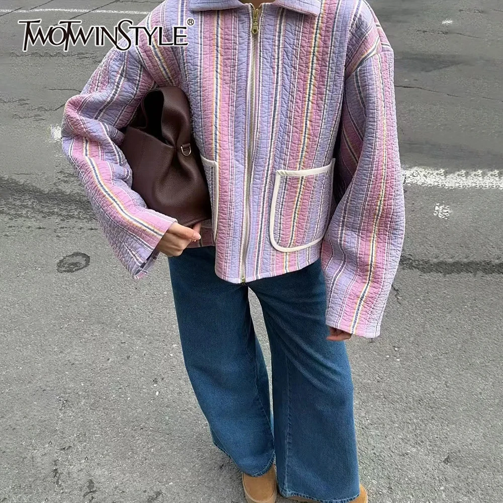 

TWOTWINSTYLE Colorbock French Casual Coat for Women Lapel Long Sleeve Spliced Pockets Loose Short Style Jacket Female Autumn New