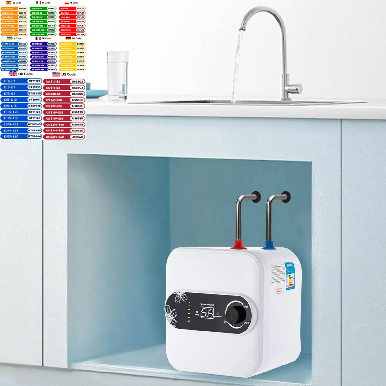 Scaldabagno elettrico 8L/6L 1500W con valvola limitatrice di sicurezza Uscita acqua superiore Stoccaggio acqua calda Scaldabagno elettrico istantaneo