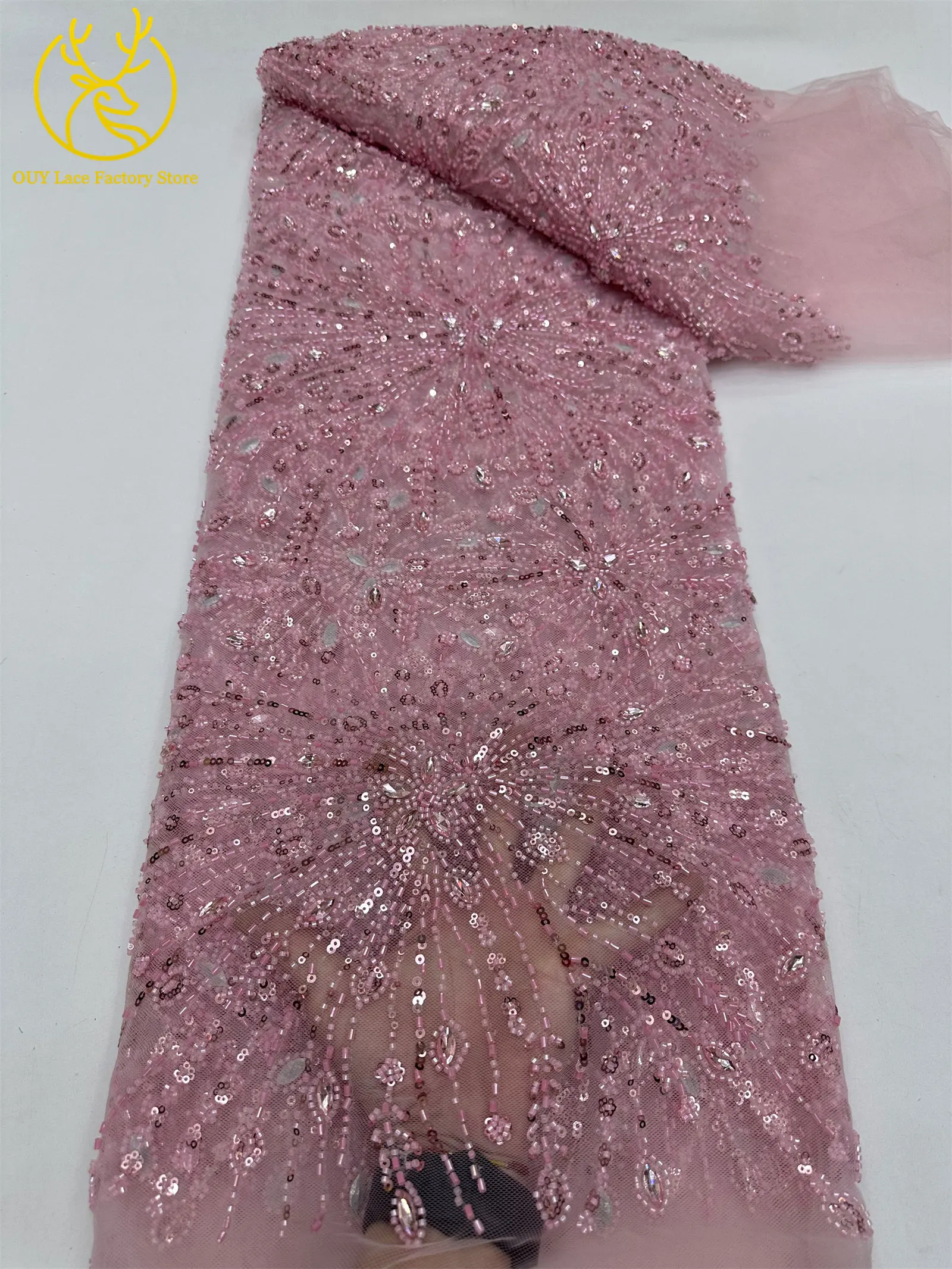 Goldene französische Edelstein-Perlenstickerei-Spitze, hochwertige nigerianische Mesh-Pailletten-Tüllspitze, afrikanischer Spitzenstoff für Damenkleider – Detail 22
