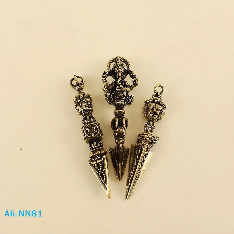 【N】Vintage Brass Vajrakila Head Vajry Pestle Ornaments KeyChains Charm Pendant Lucky Home Decorations