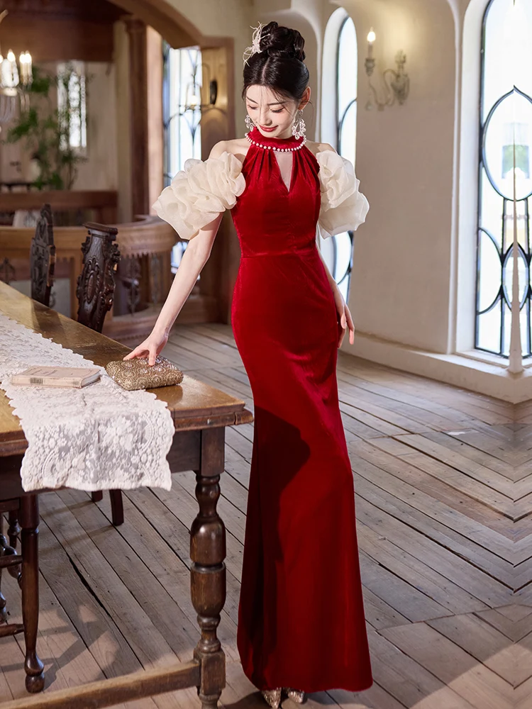 

Red High-End One-oulder Hanging Ne Evening Gown Adult Pearl Wedding Dr Sexy ort Sve Long Fi Tail Dr for Par