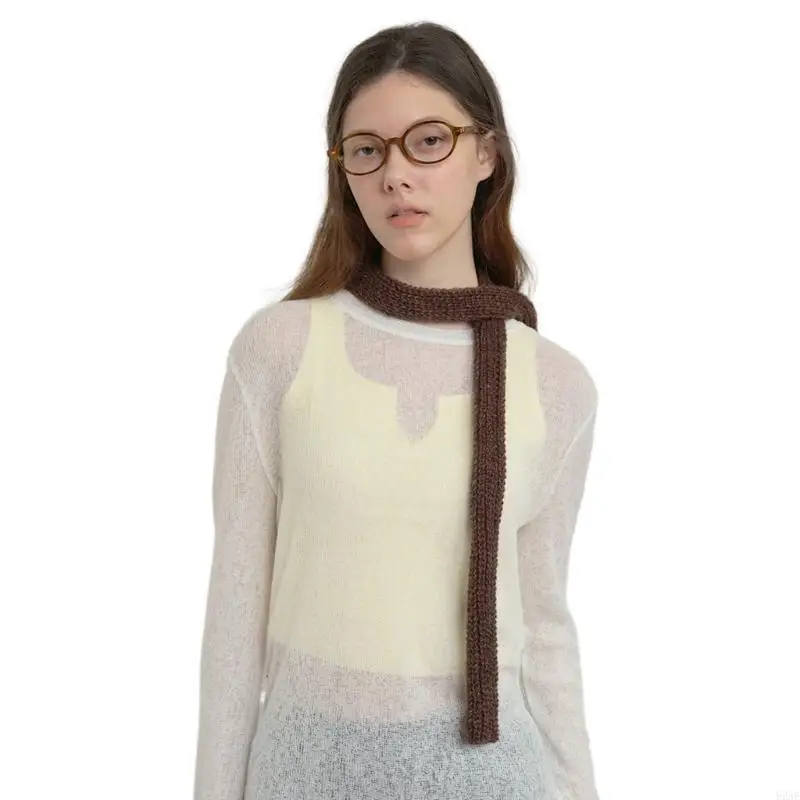 95AE 100x4cm Knitting Scarf Fashionable Round Tube Small Scarf Comfortable & Modern Posing Neckerchief for Women Teens
