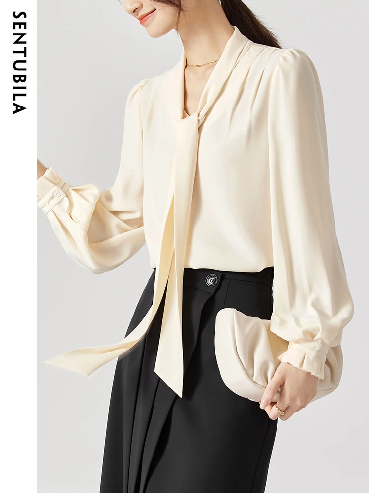 SENTUBILA Elegant Bow Neck Shirts & Blouses Women 2024 Office Lady Fashion Frenchy Long Sleeve Tops Woman Clothing 131V47412