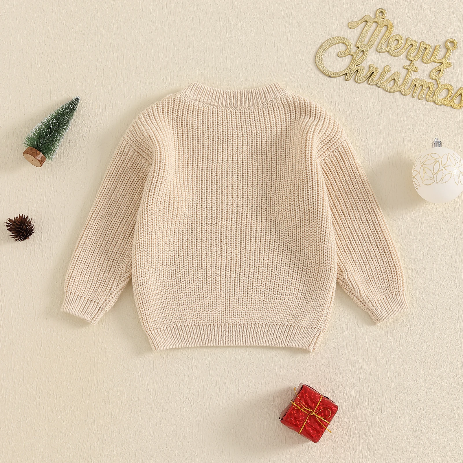 0-3 YearsBaby Boy Girl Christmas Sweater Reindeer Letter Embroidery Crew Neck Long Sleeve Pullover Knit Tops for Winter Fall