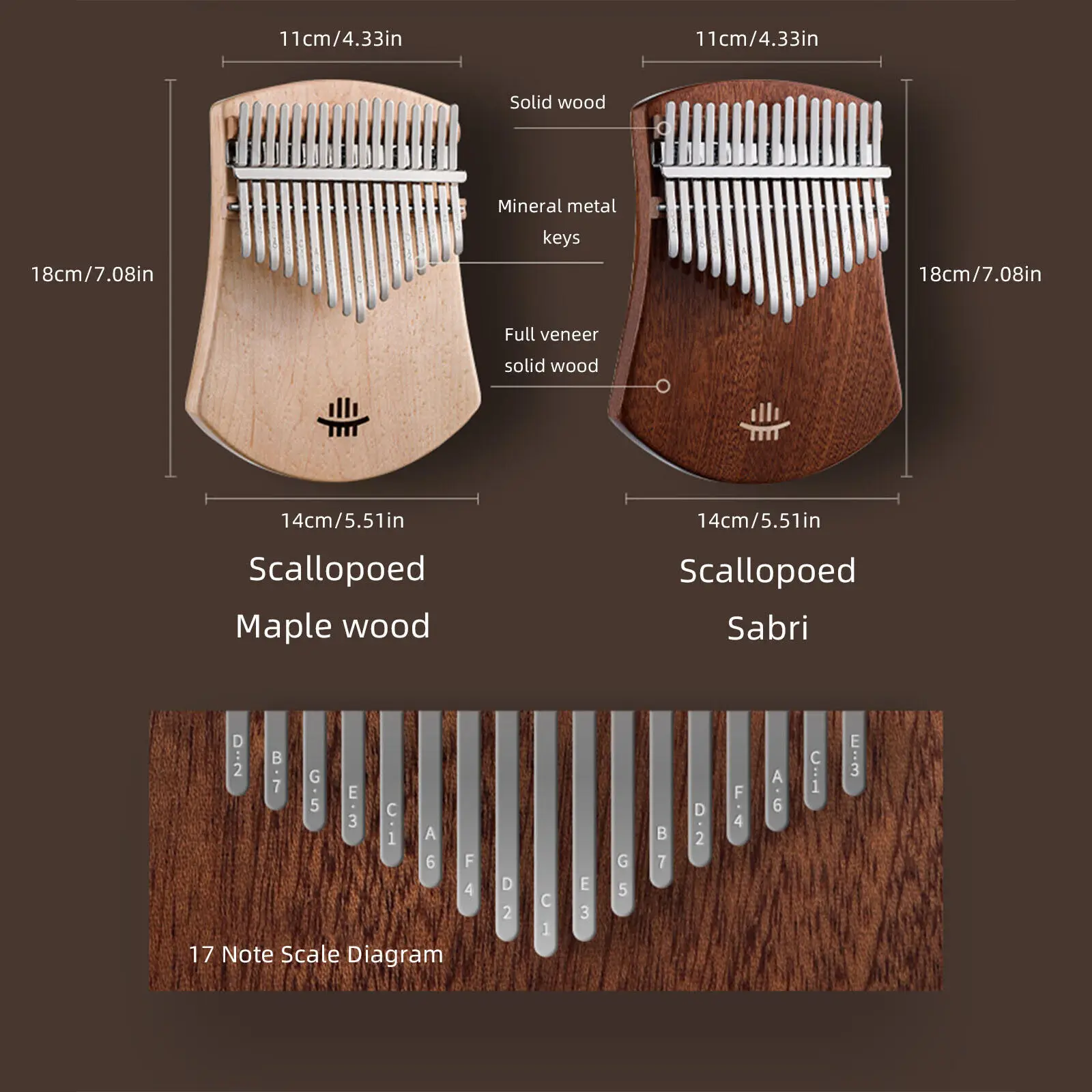 17 Keys Kalimba Finger Piano Single Solid Wood Kalimba with Tuning Hammer Burlap Bag Wiping Cloth Scale Sticker English Score