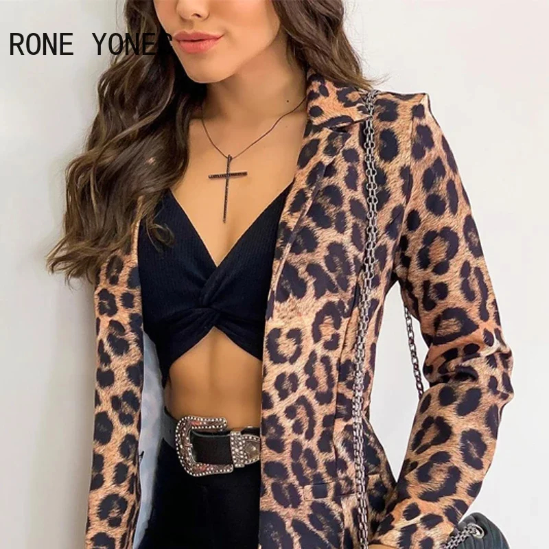 Women Chic Casual Elegant Leopard  Notched  Collar Detail Double Blazer Women Top