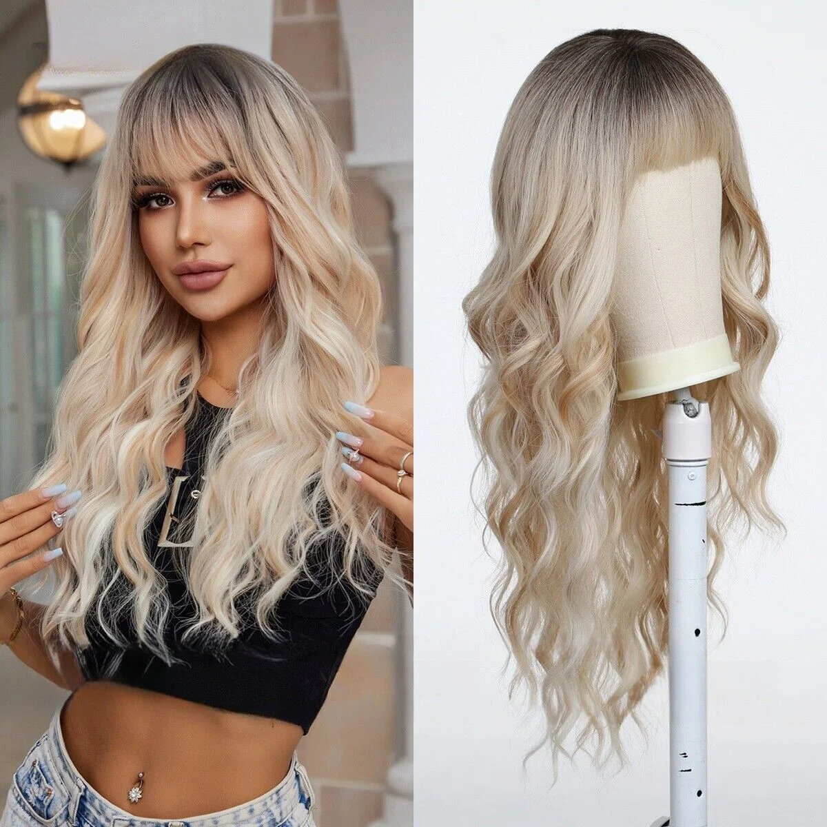 

female long hair fluffy full head bangs big waves and breathable curls Wig Synthetic