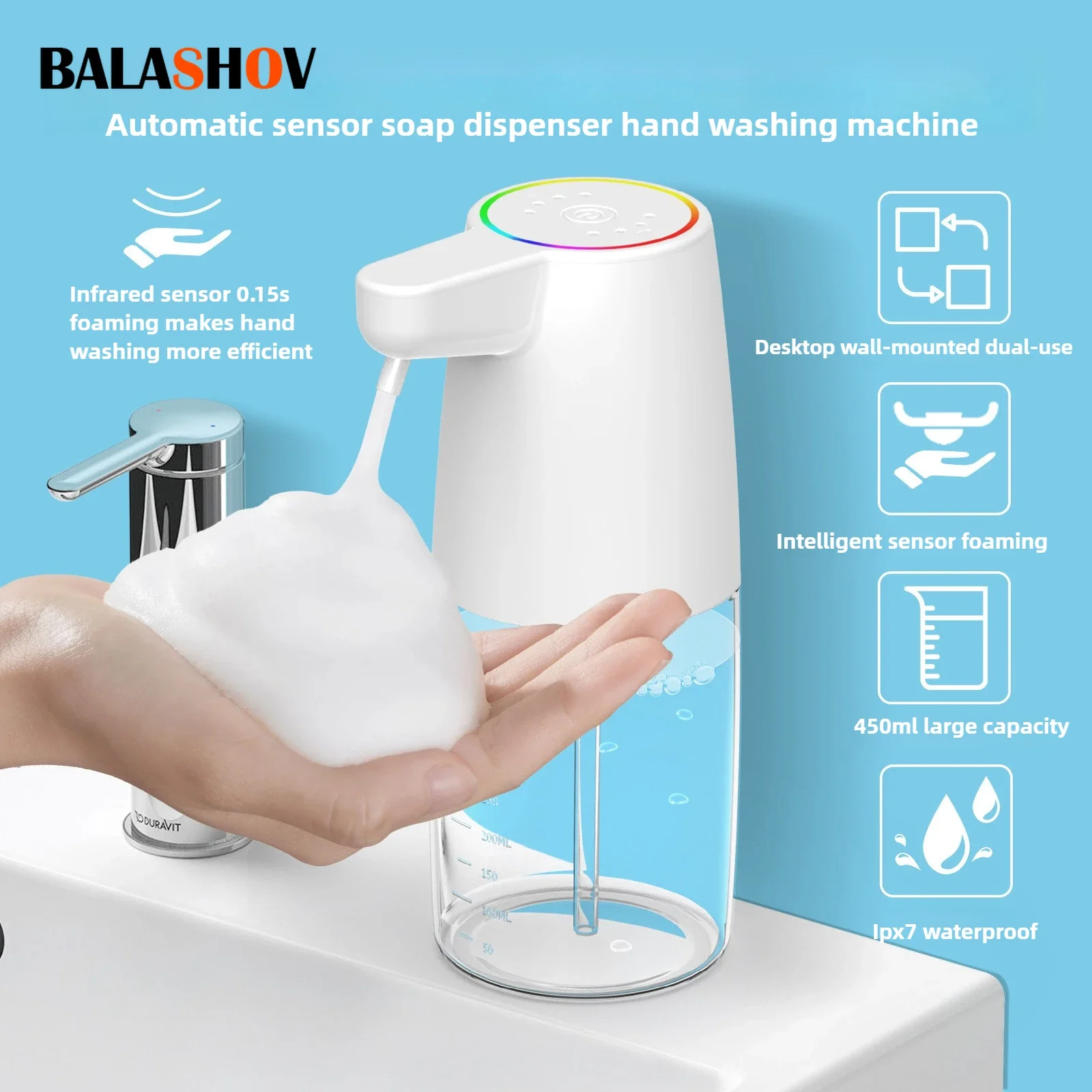 450ML Automatic Soap Dispenser USB breathing light infrared induction soap liquid cleaning foam machine Hand washer
