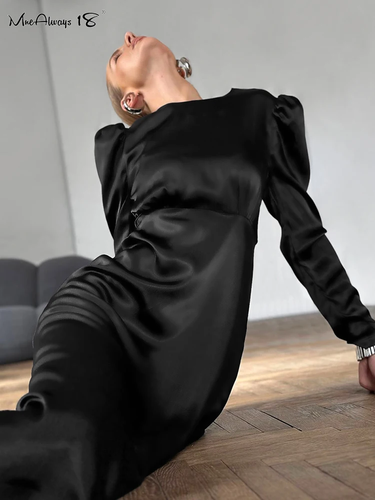 Mnealways18 Black Satin Elegant A-Line Dresses Women Puff Sleeves Pleated Long Dress Round Neck Office Ladies Slim Dress 2024