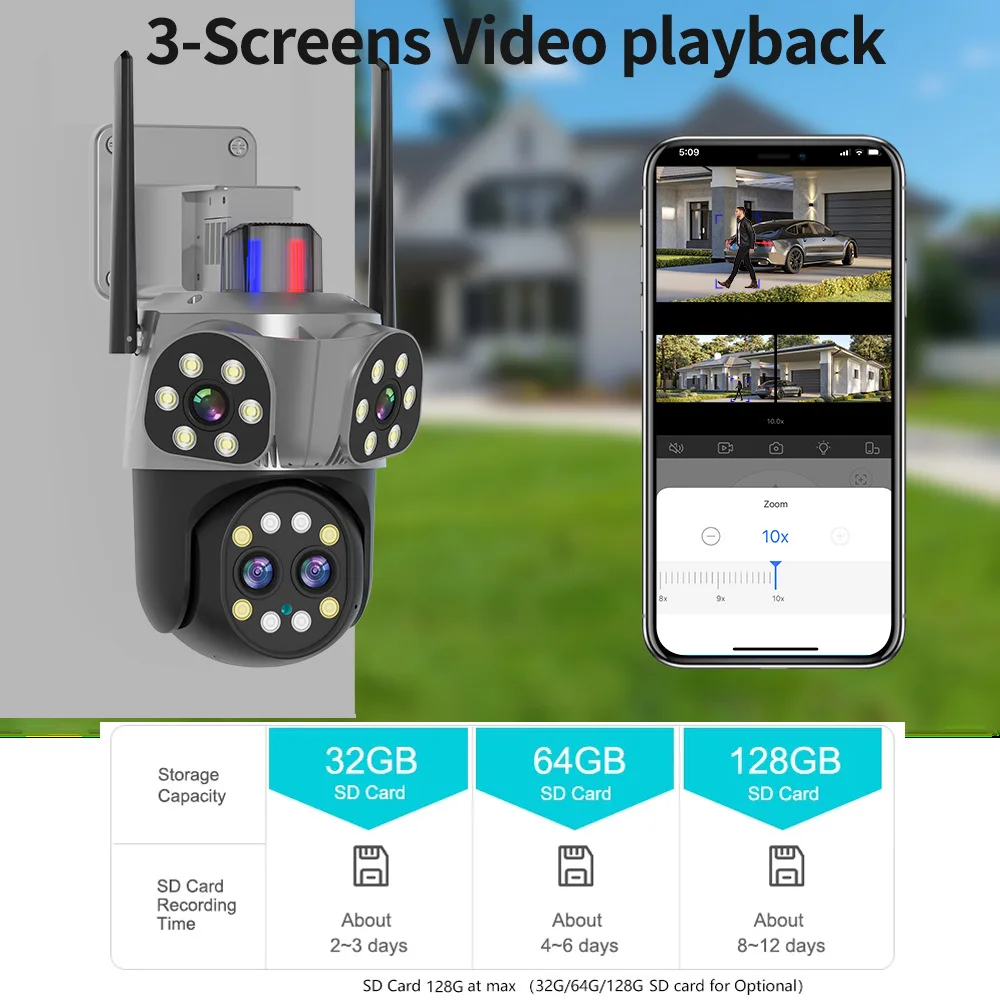 Cámara IP con Zoom óptico 8K, 8MP, WIFI, 10X, para exteriores, tres pantallas, cuatro lentes, PTZ, seguimiento automático, cámara de seguridad inteligente impermeable para el hogar