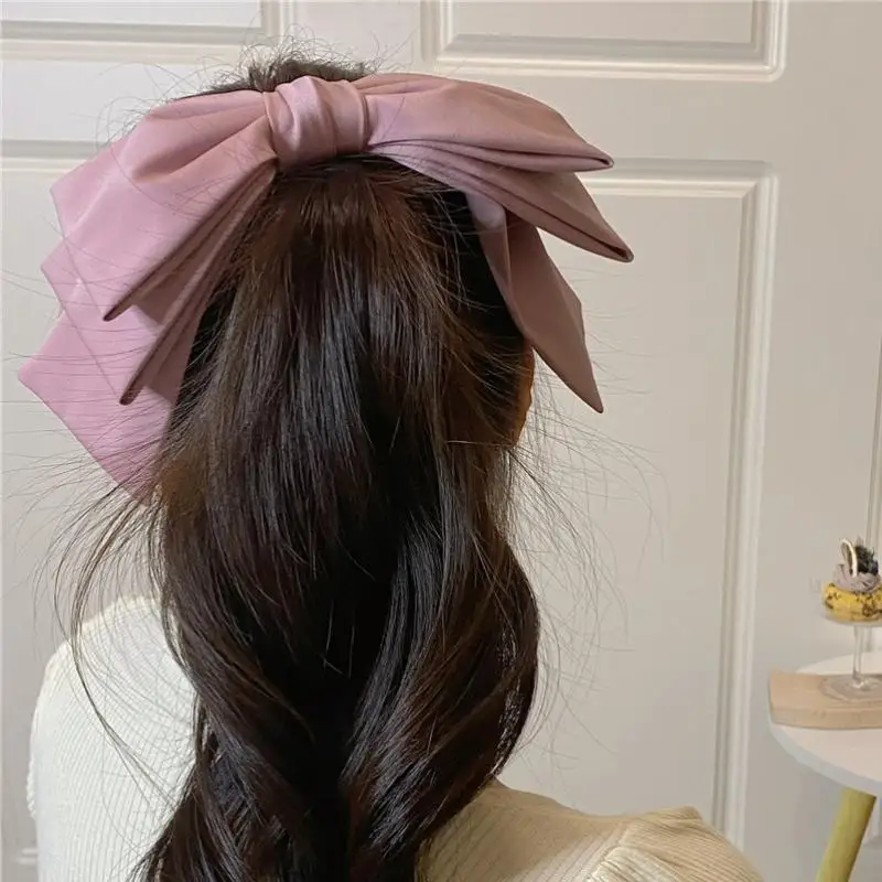 Neue große Satin-Haarspange, Haarschleifen für Mädchen und Frauen, einfarbig in Rosa, Schwarz, mehrlagige Haarspange, koreanische Mode-Haarspangen für Haar-Accessoires – Detail 2
