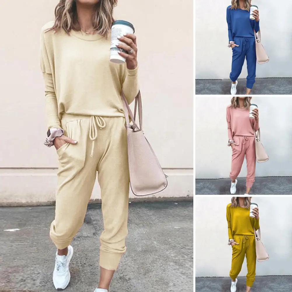 

Women Solid Color Suit Set Women's Fall Homewear Set Long Sleeve Top Loose Pants Tracksuit for Sportwear Solid Color Round Neck