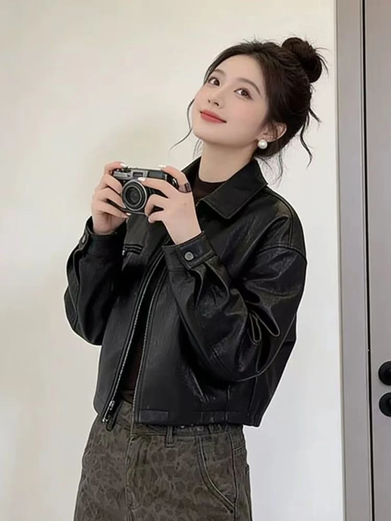 Chic Black Women Pu Leather Jacket Cropped Zip Up Lapel Collar Moto Y2K Streetwear Biker Faux Outerwear Top
