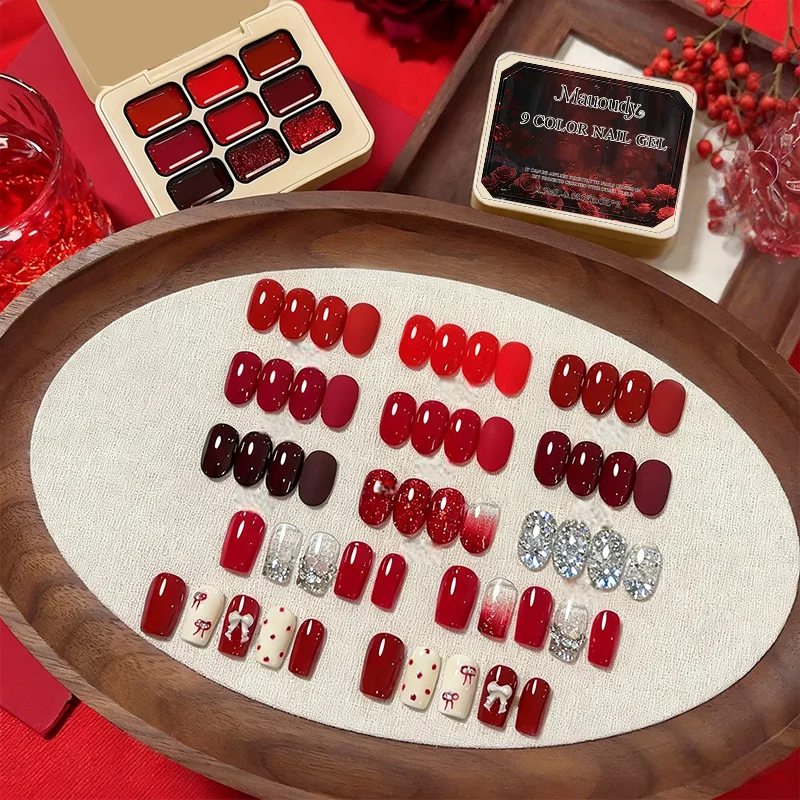 9色ワインレッド粘着性ソリッドネイルポリッシュセット - 新トレンド：トマトレッド、チェリーレッド、ソリッド9グリッドネイルポリッシュ