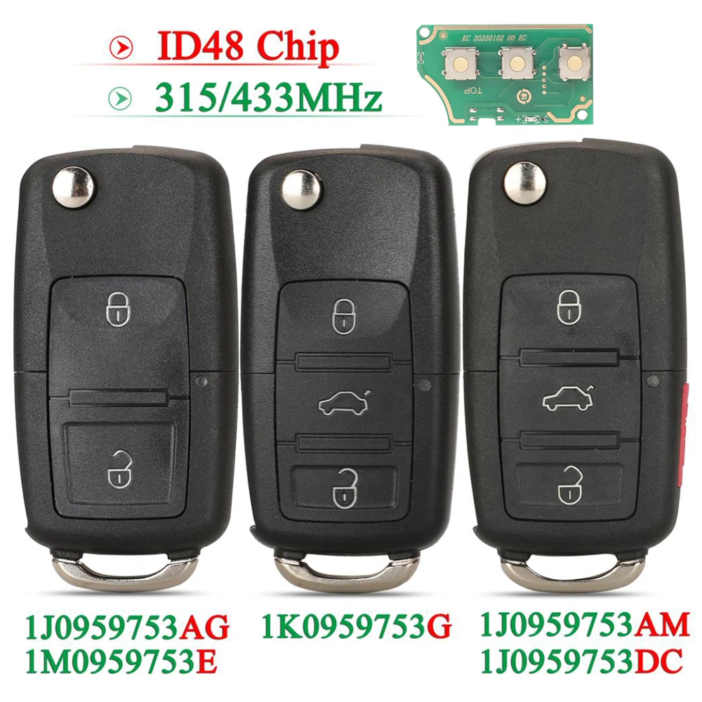 jingyuqin 2/3/4BTN For VW For SEAT Altea Ibiza Leon Toledo T5 315/434MHz Flip Remote Key ID48 Chip FOB 1J0959753AG/AM 1M0959753E