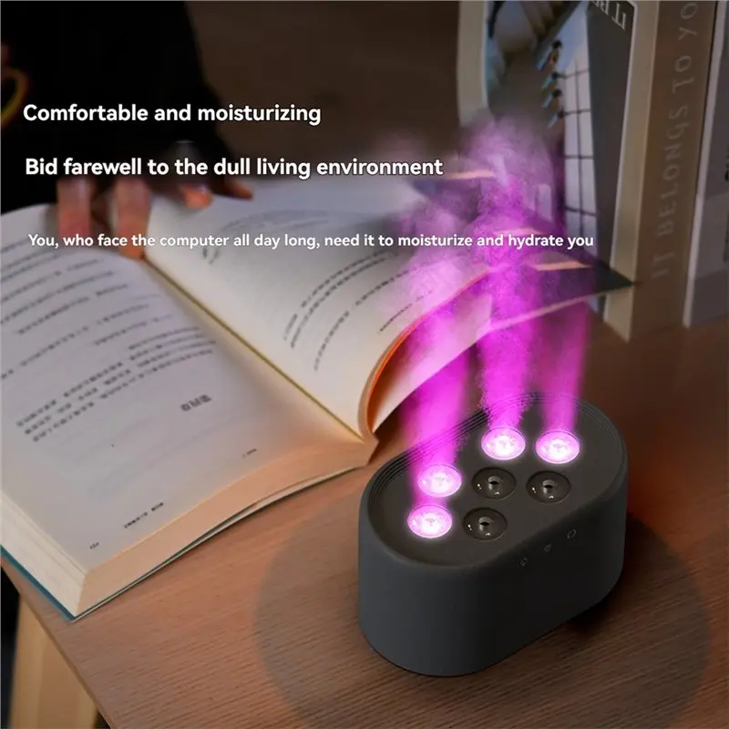 Difusor de chama de controle inteligente, umidificador de streamer de 7 furos com iluminação dinâmica para quarto de mesa