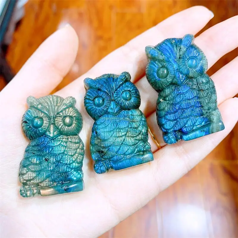 3PCS Natural Labradorite Owl Mini Animal Crystal Carving Polishing Mature Charm Jewelry Birthday Present