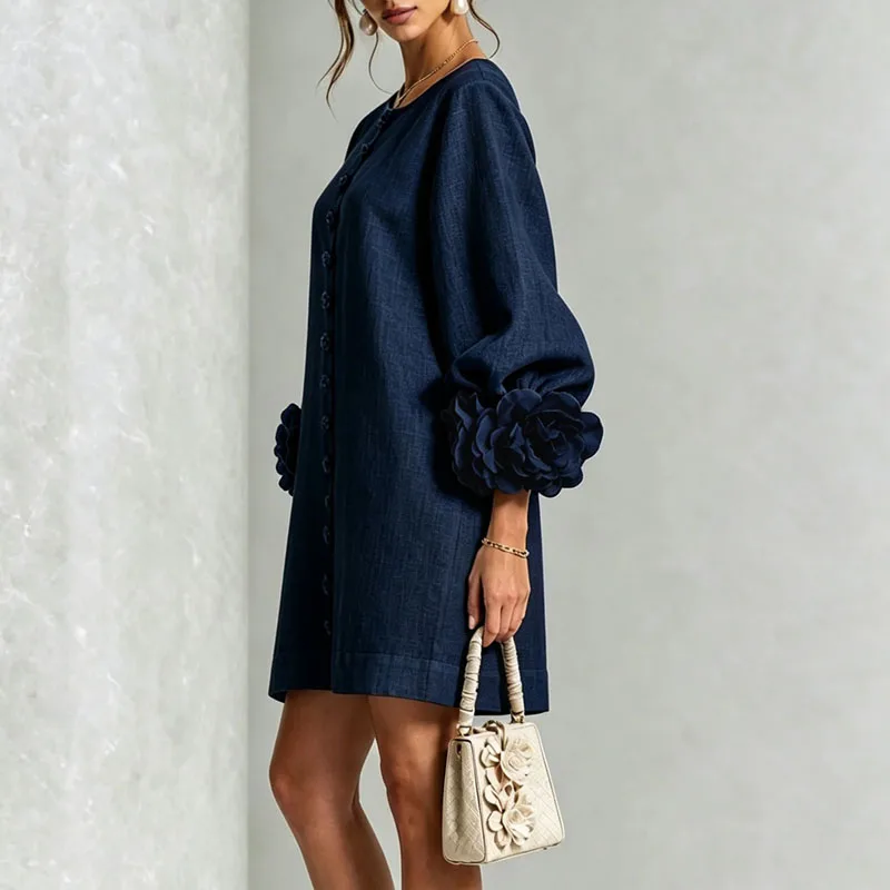 Elegant Solid Dresses Women Round Neck Lantern Sleeve 3D Flower Cuff Decorative Button Loose Short Dress Casual Streetwear Dress