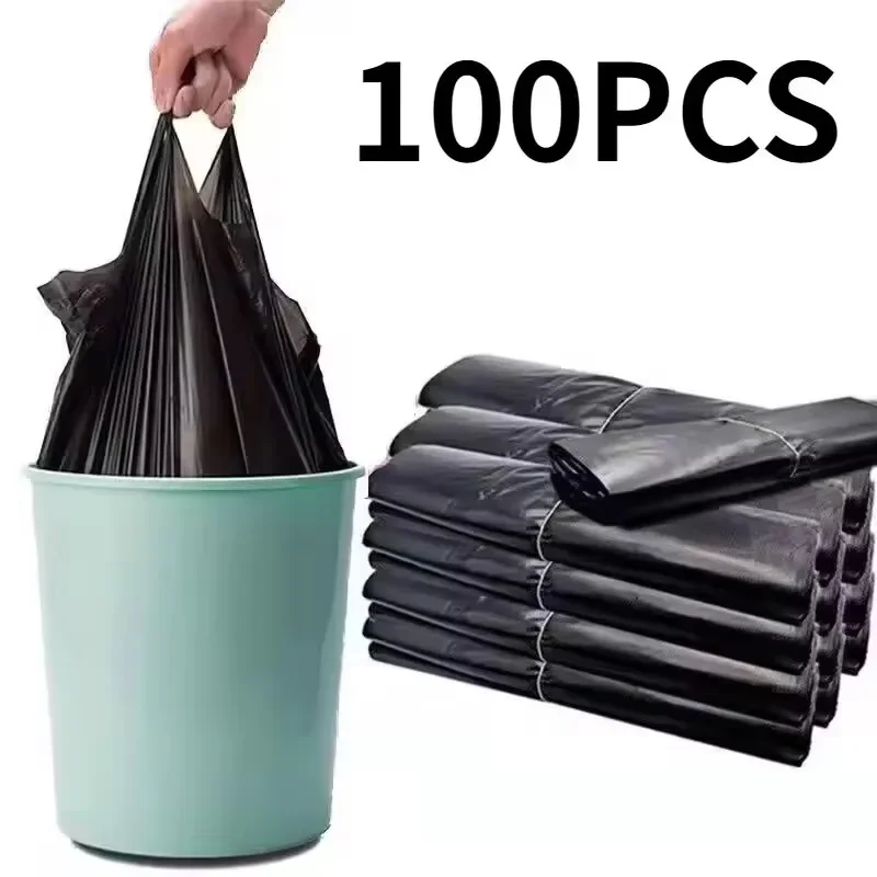 100 Stück Schwarze Plastiktüten für Küche und Wohnzimmer, Saubere Müllsäcke, Einkaufstüten mit Griffen für Takeaway und Müllentsorgung