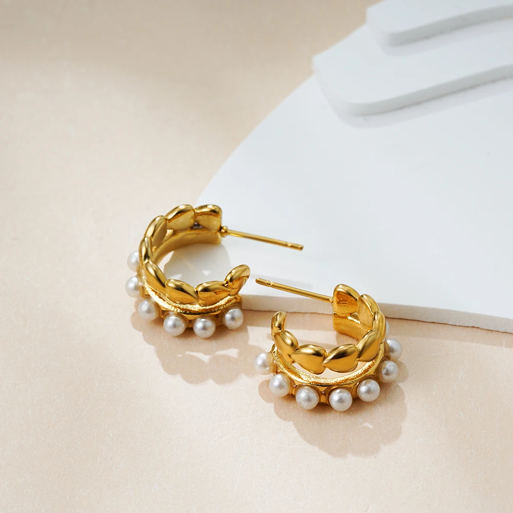 Vintage Stainless Steel Pearl Double Round Earrings for Women Fashion Golden Color Chunky Hoop Earring Statement Jewelry Gifts
