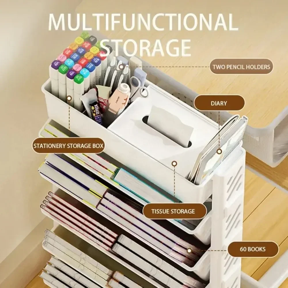 Floor Mounted Movable Bookshelf Book Storage Shelf Office Study Supplie Storage Rack Magazine Rack Multi-Layer Removable Shelves