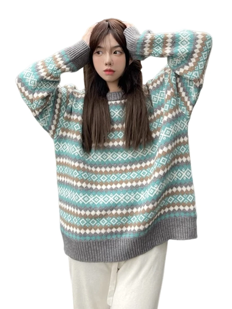 2025 جديد ريترو اليابانية شريط الماس سترة المرأة الخريف الشتاء كسول الراقية محبوك بلوزة فضفاضة تناسب الجولة Ne Long Sve