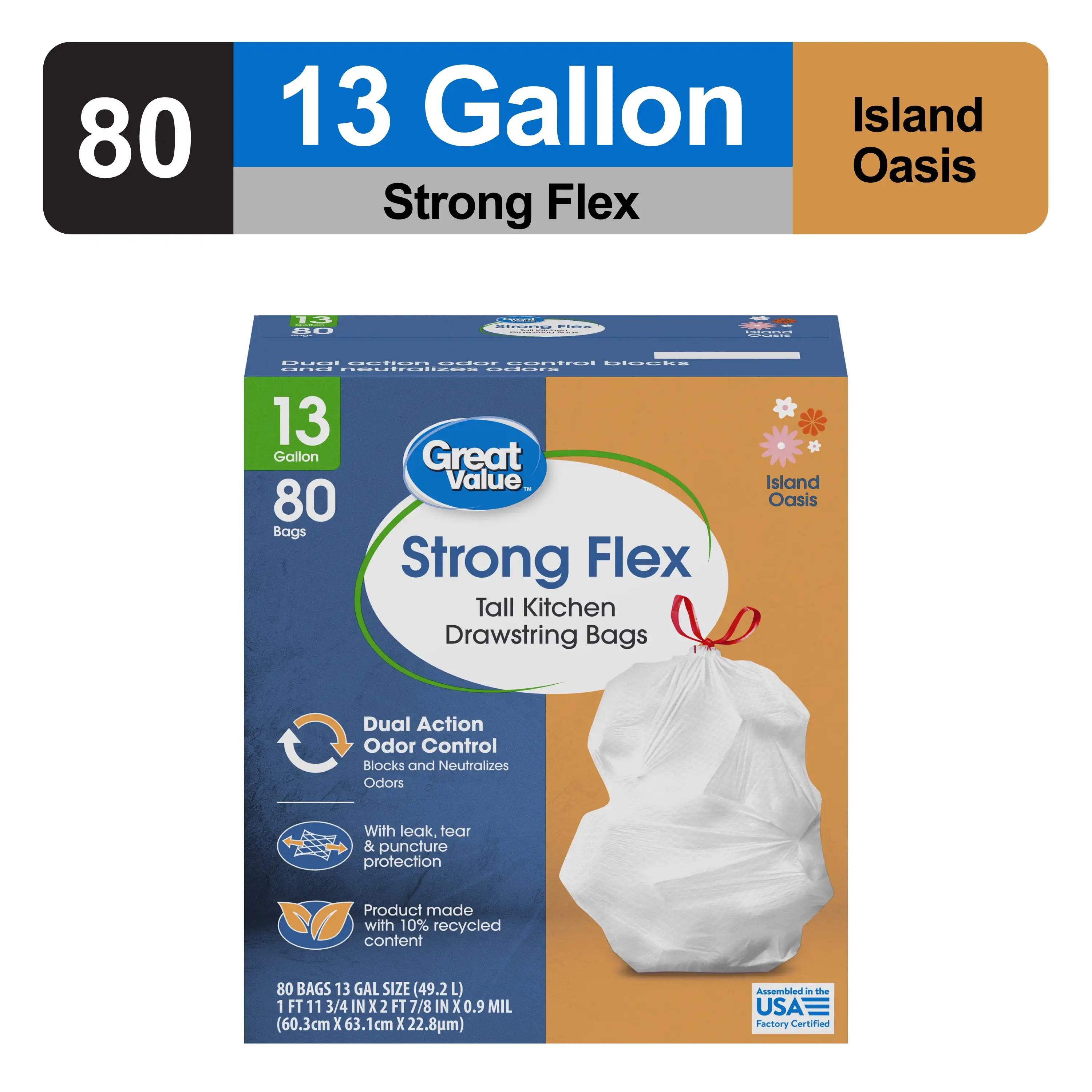 

13-Gallon Strong Flex Drawstring Kitchen Trash Bags, Island Oasis Scent, 80 Bags Kitchen garbage bags, etc