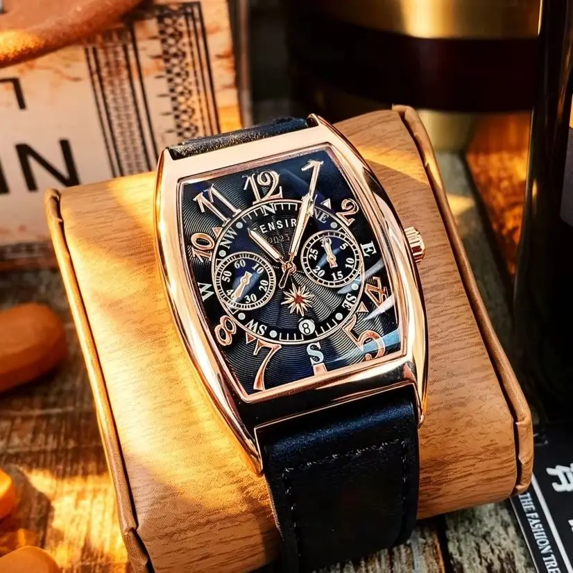 Punk Style Barrel-Shaped Men's Quartz Watch with Leather Strap, Luminous, Waterproof, Vintage Men's Watch, European and American Trendy Business Commuter Men's Watch, Student Gift, Versatile Casual Watch
