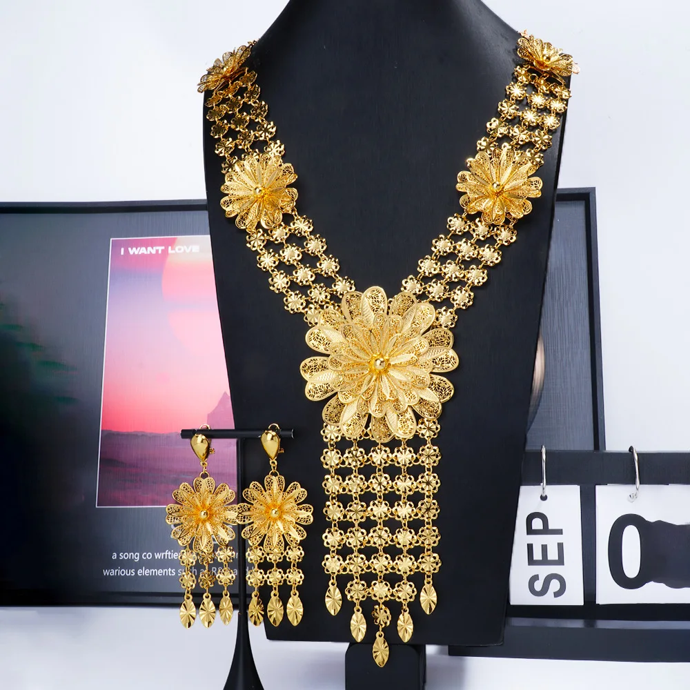 Luxury 24K 9999 Pure Gold real gold Dubai Middle East Women Hollow Flower Necklace Earrings Set